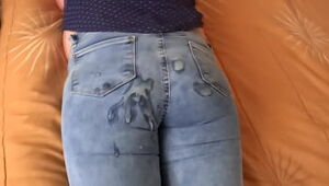 58-year-old Brazilian mummy in her bedroom, highly excited, she calls the hubby of the worker to record what she strokes a few times and asks him at the end to jizz on her ass with the denim on